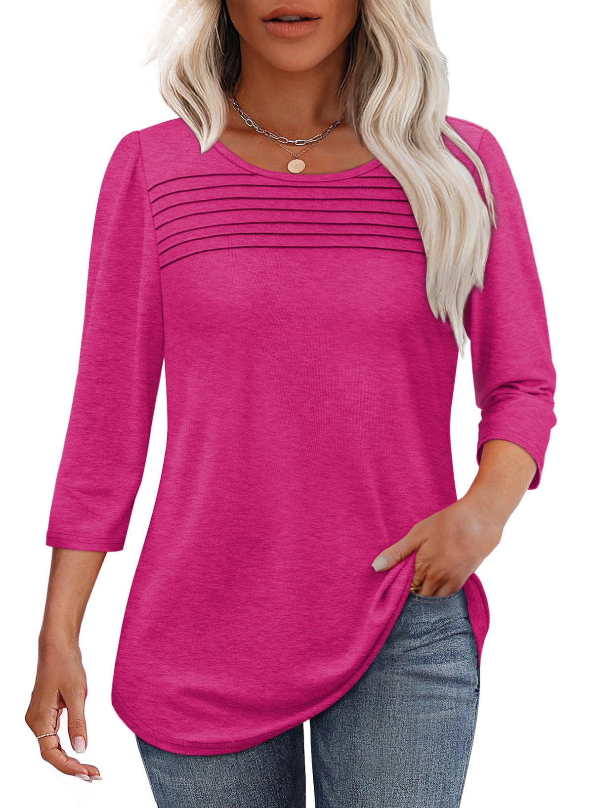 🔥🔥 2026 Women's 3/4 Length Sleeve Top Pleated Front T-Shirt